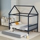 preview thumbnail 2 of 12, Blue Full Size Wood House Bed with Trundle, Roof, and Fence