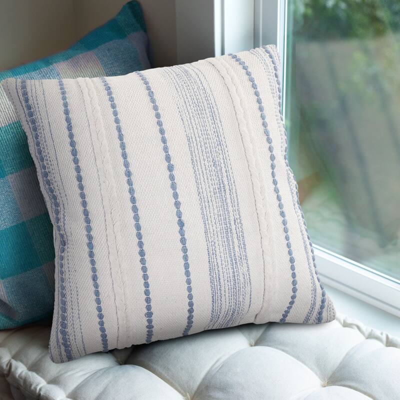 20" White and Light Blue Striped Square Throw Pillow