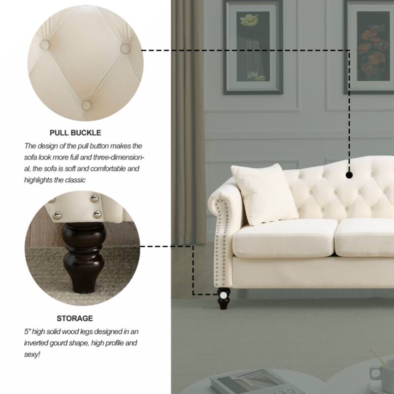 79" Chesterfield Sofa Grey Velvet for Living Room, 3 Seater Sofa Tufted Couch with Rolled Arms and Nailhead