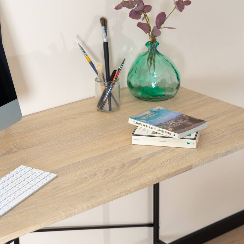 Modern 48 Inch Computer Desk for Home Office Brown Black MDF Wood Table with H-Frame Base