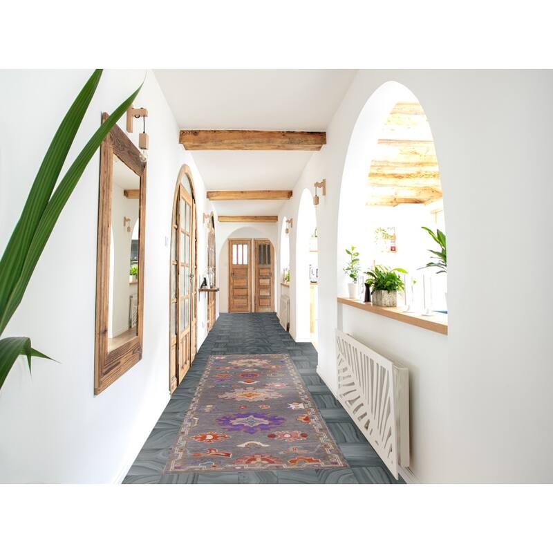 Hand Knotted Oriental 100% Wool Carpet Transitional Floral Greys & Charcoal Oushak Runner Rug - 9' 10'' X 2' 8''