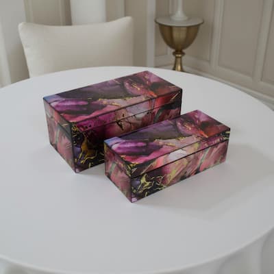 Dory Decorative Box Set of 2, Pink Gold Faux Agate Stone Accent Glass