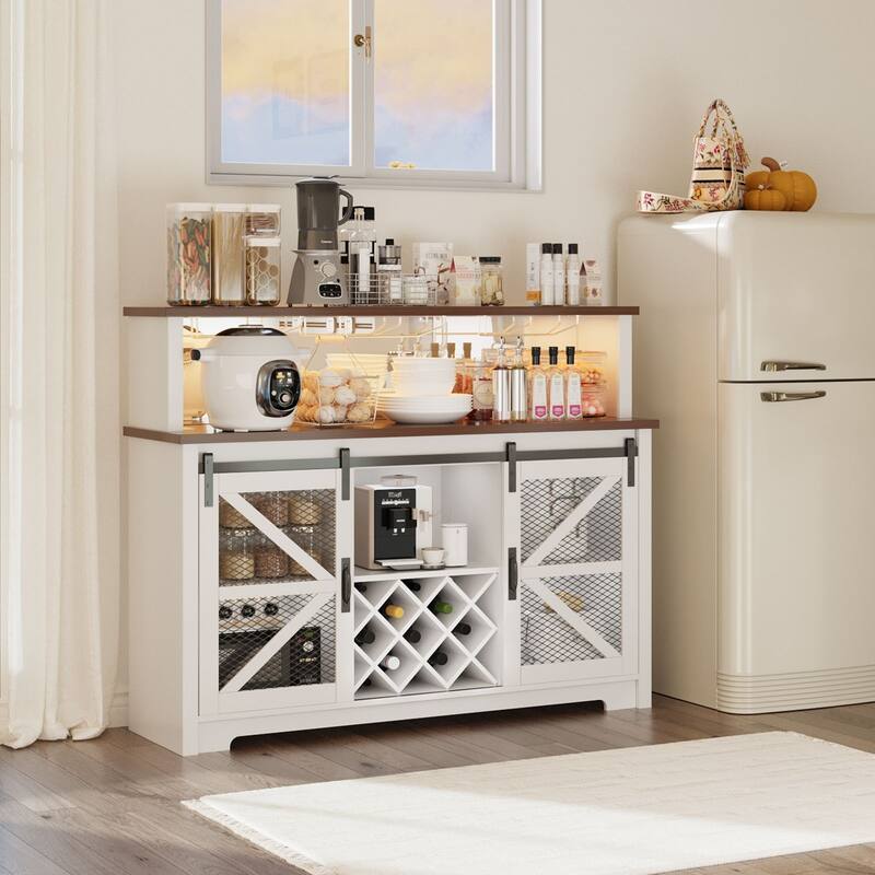 Gymojoy 16-Color LED Bar Cabinet with Wine Rack, White Kitchen Hutch for Coffee Bar & Dining Room, Farmhouse Storage Cabinet