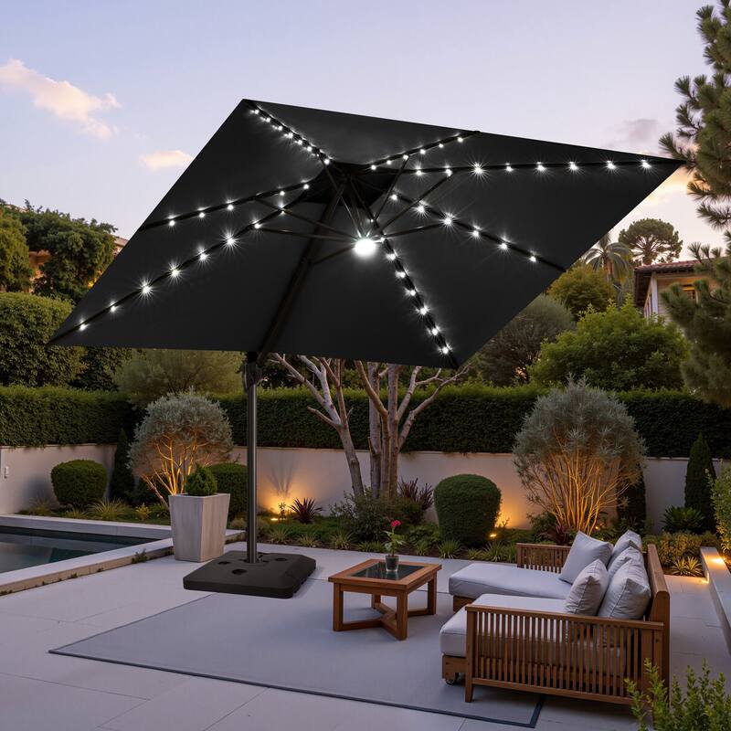11 FT Aluminum Solar-Powered LED Light Patio Cantilever Umbrella with Base - Black