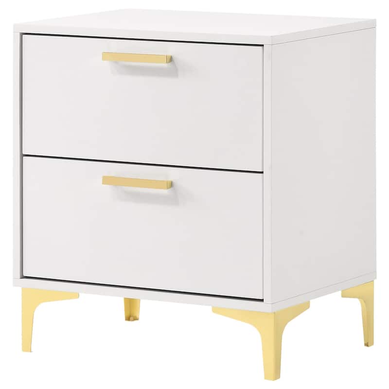 White Modern Glam 2-Drawer Nightstand with Slim Gold Pulls and Retro Bracket Legs, Boxy Contemporary Frame