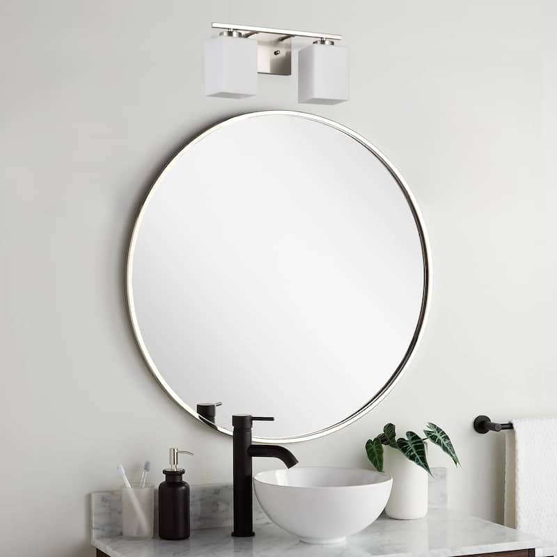 Brushed Nickel Indoor Bathroom Vanity Lights with Etched White Glass Square Rectangle Shades