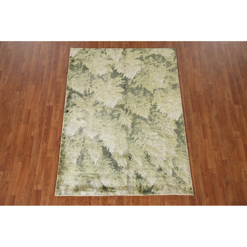 Green Modern Indian Abstract Rug Hand-Knotted Wool Carpet - 4'8"x 6'6"