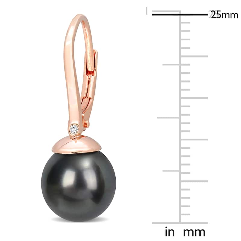 Miadora 8-8.5mm Black Tahitian Cultured Pearl & Diamond Accent Leverback Earrings in Rose Silver