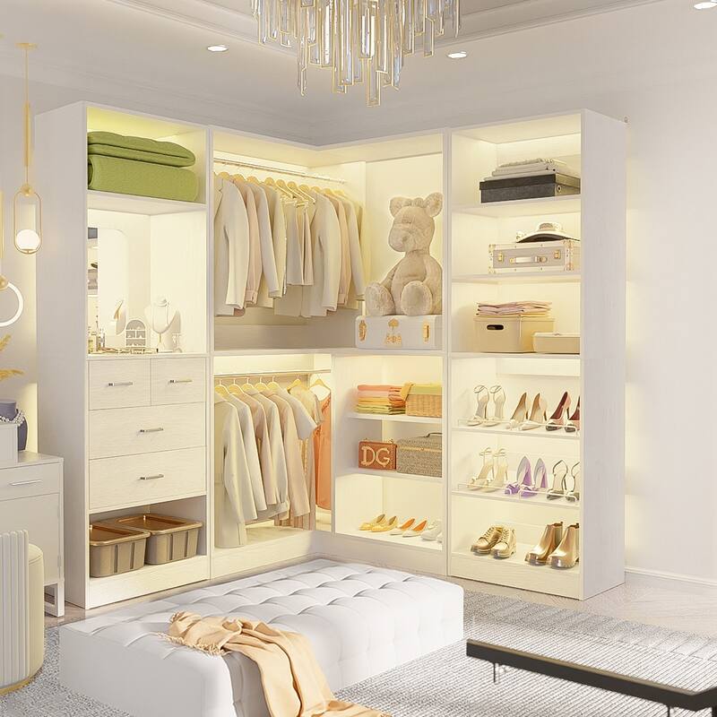 Cimly Set of 3 Corner Closet System with Drawers and Mirror, Multi-functional Closet Organizer with Shoe Racks