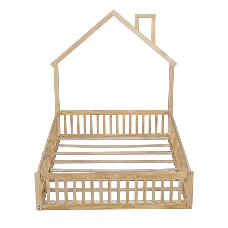 Wood Full Size House Platform Bed with Guardrail