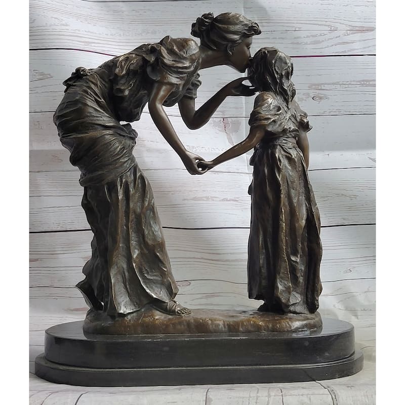 Mother Kissing Child Daughter Bronze Sculpture Statue Family Decor Signed Original Art