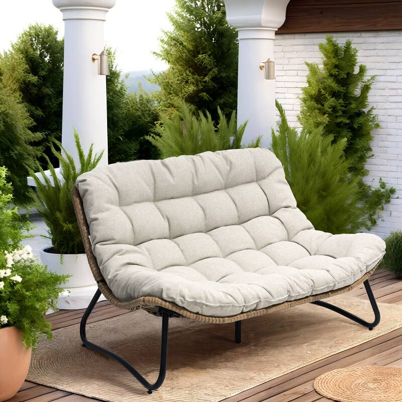 All-Weather Papasan PE Rattan Chair Single Loveseat Sets with Cushion For Indoor Outdoor - 1PC-DoublePapasanChairs - Beige