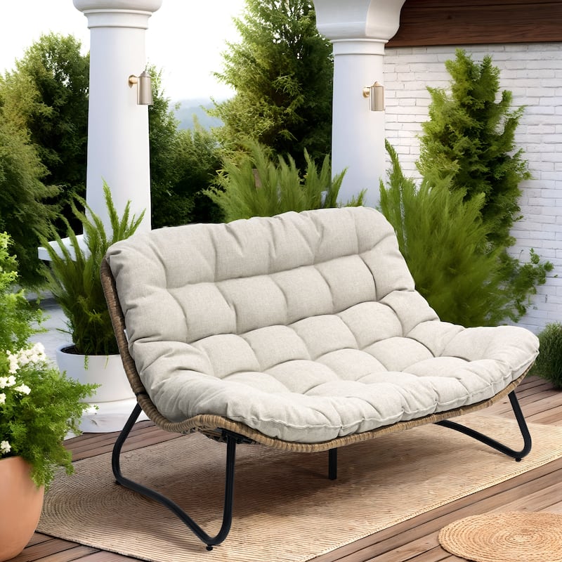 Double Papasan PE Rattan Chair Loveseat with Cushion For Indoor Outdoor