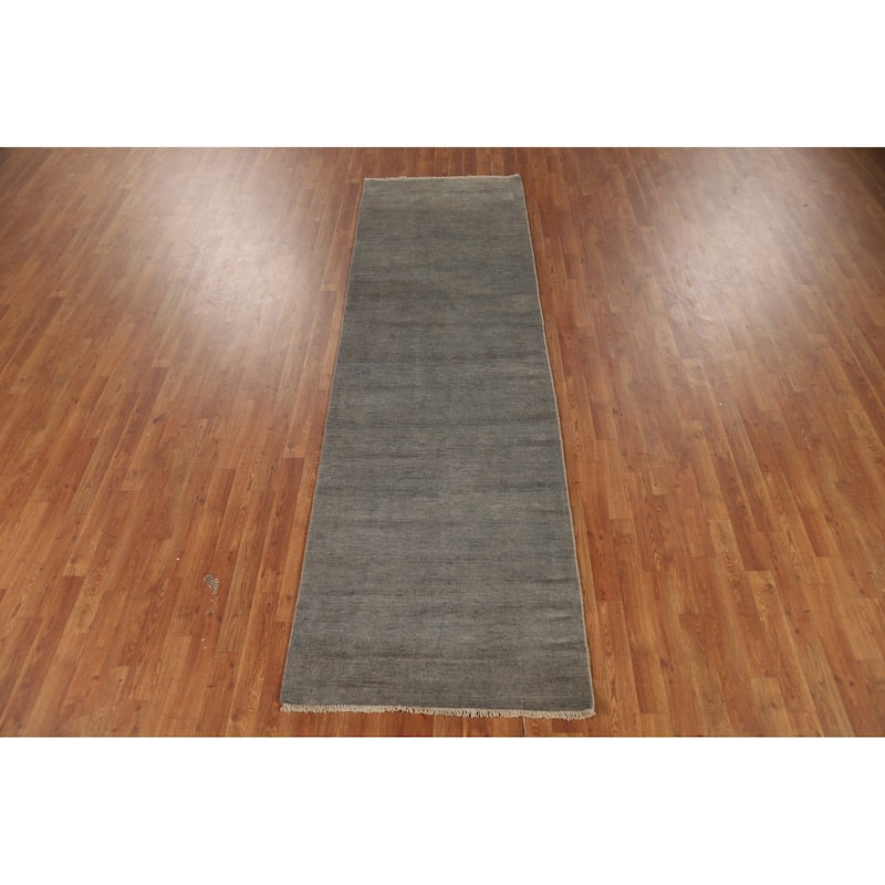 Gray Modern Gabbeh Runner Rug Hand-Knotted Wool Carpet - 3'0" x 9'8"