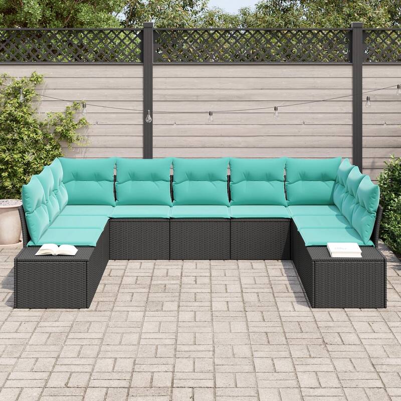 vidaXL 10 Garden Sofa Set with Cushions Black Poly Rattan - 113.8 x 82.3 x 27.2