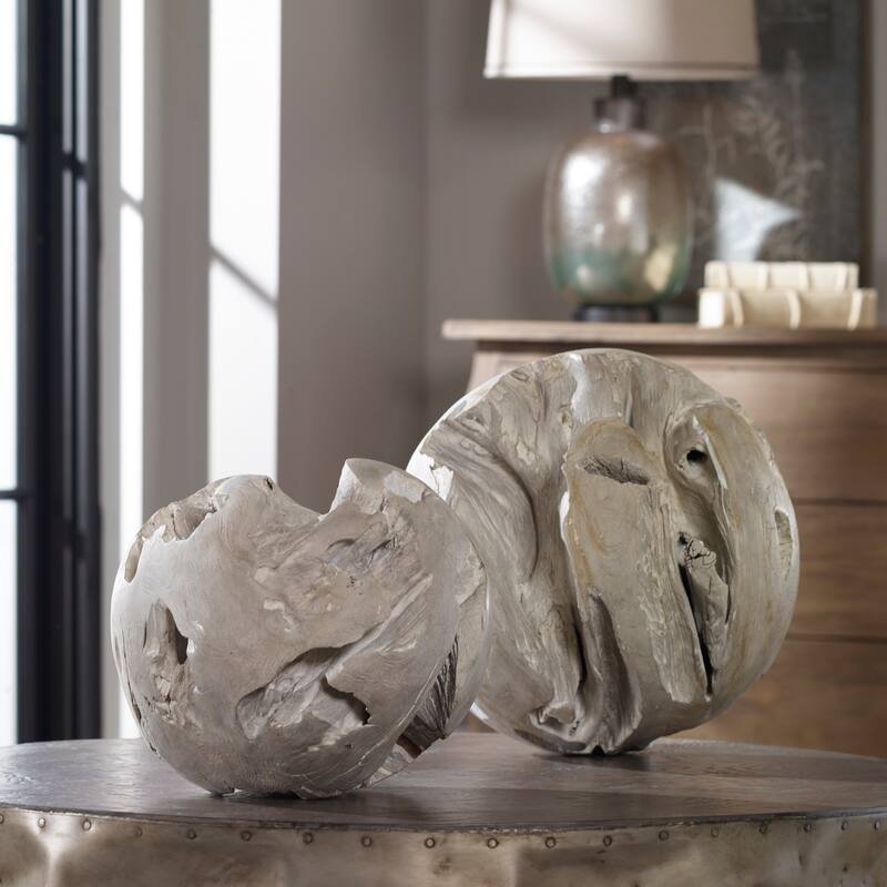 Uttermost Ermanno 16" Diameter (2) Piece Teak Wood Oversized Spheres