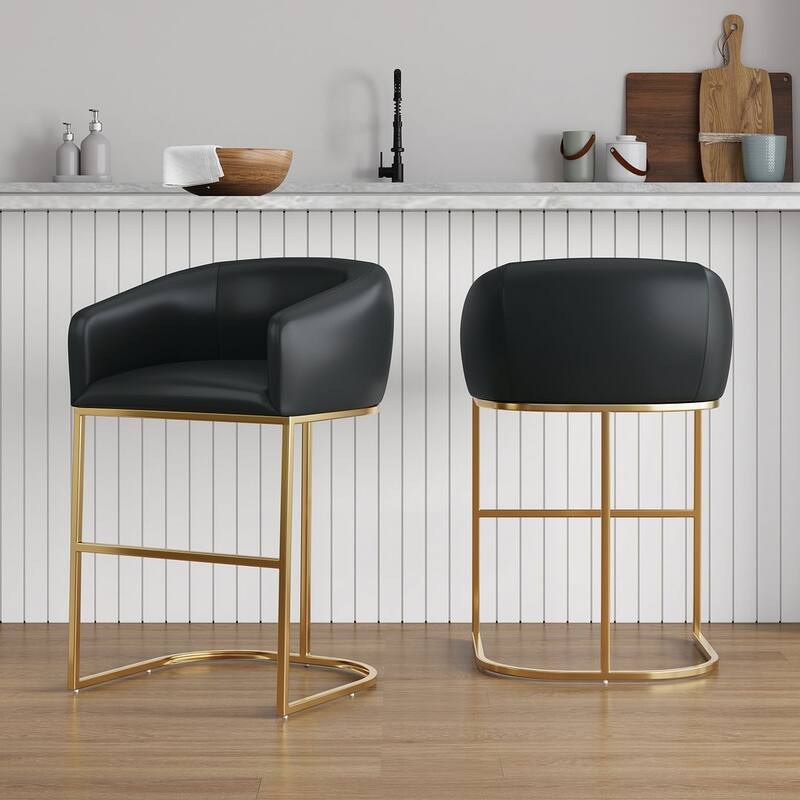 Manhattan Comfort Louvre Mid-Century Modern Leatherette Upholstered Counter Barstool - Black - Set of 2 - Counter Height