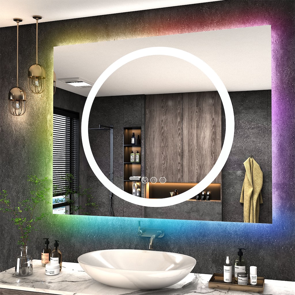 Frameless RGB Backlit and LED Frontlit Anti-Fog Tempered Glass Wall Bathroom Vanity Mirror
