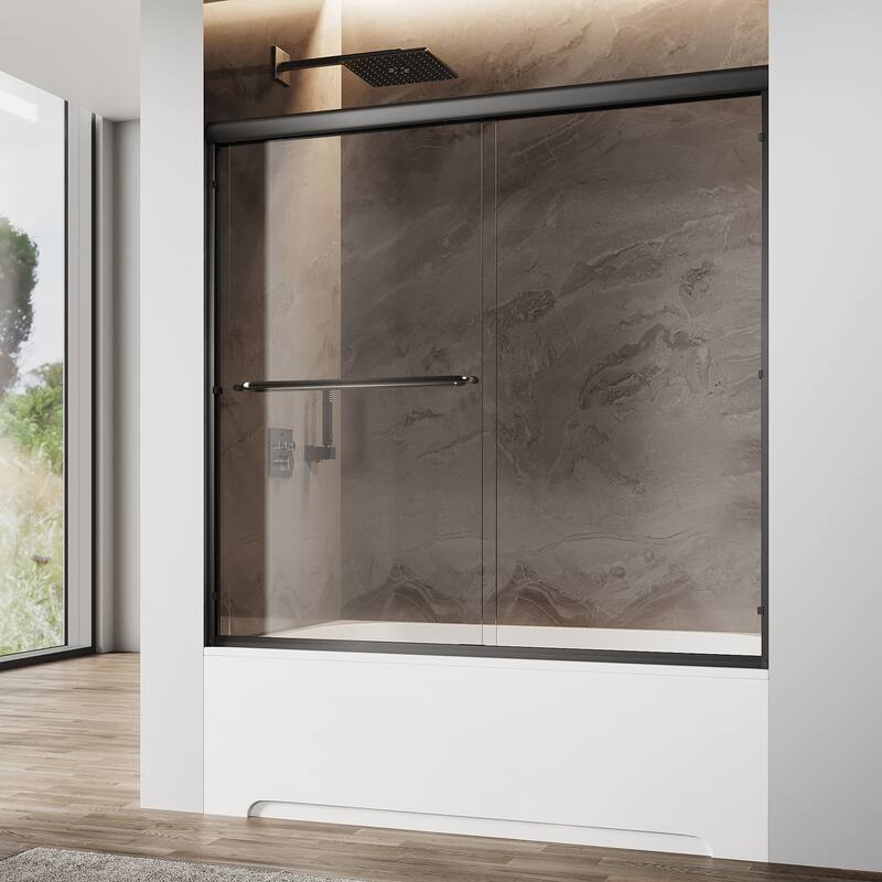 Elegant Double Sliding Shower Door Black Finish Framed with 1/4 inch Clear Tempered Glass