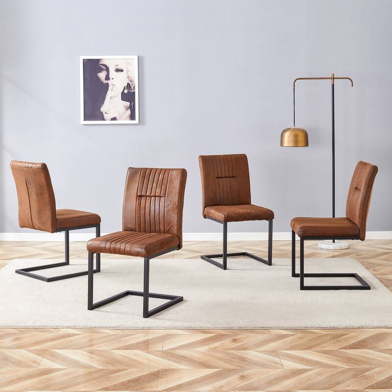 Set of 4 Ergonomic Dining Chairs – Brown Tech Fabric Upholstery with Comfortable Sponge Padding & Sleek Black Metal Legs‌