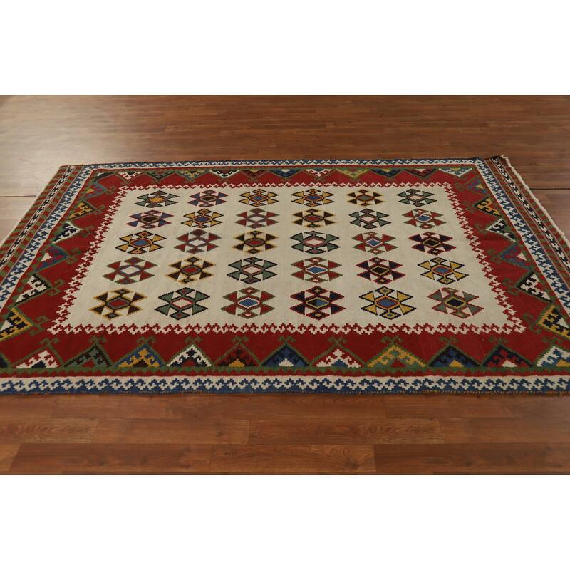 Hand Woven Oriental 100% Wool Carpet Southwestern Geometric Beige & Ivories Kilim Area Rug - 7' 11'' X 5' 0''