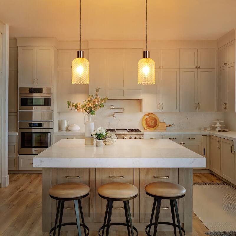 1/3-Light Modern Glam Bell-Shaped Adjustable Island Pendant Light with Clear/Blue/Amber Textured Glass