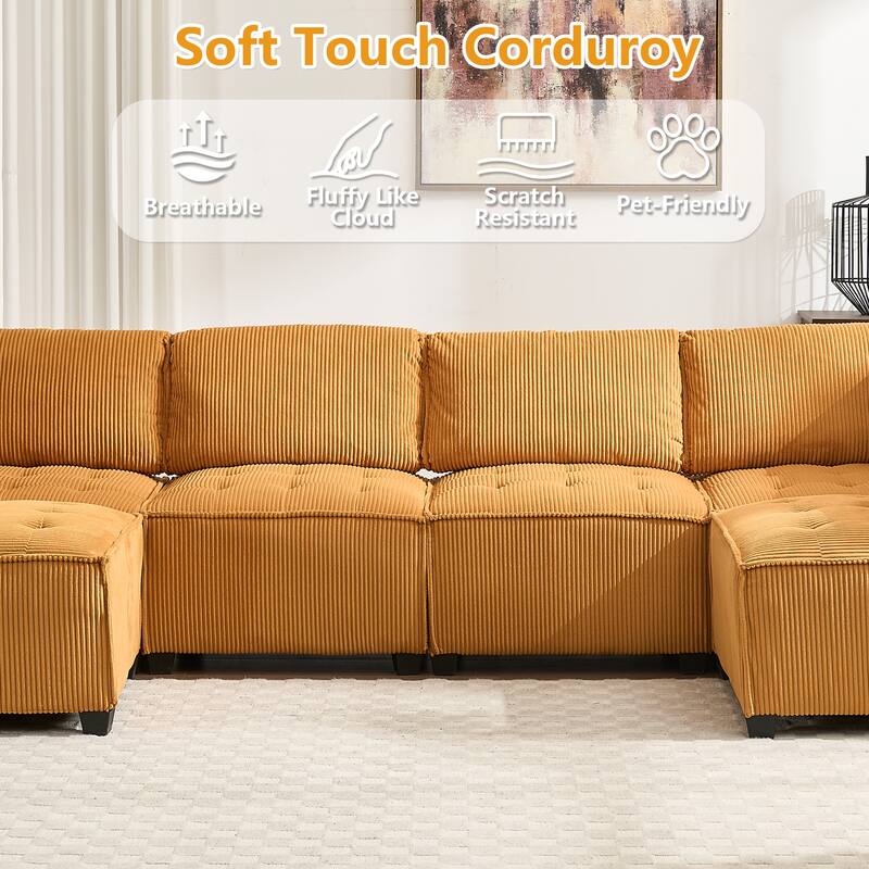 U-Shaped Modular Sectional Sofa, Oversized Corduroy Cloud Couch with Reversible Chaise, Comfy Convertible 6-Seat Corner Couch