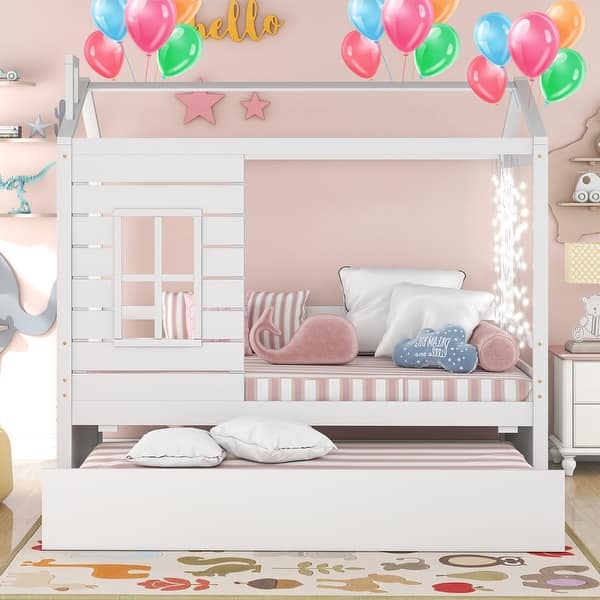 slide 2 of 24, Modern Twin Size House Bed Wood Bed With Twin Size Trundle And Solid Construction White