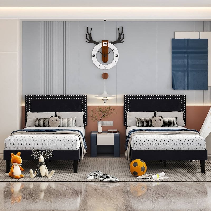 Set of 2 Twin Size Tufted Upholstered Platform Beds Dorm Style Minimalist Metal Frame with Slats No Box Spring Needed