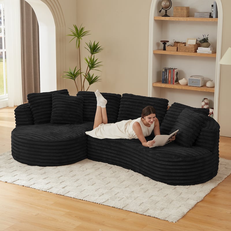 Curved Sectional Sofa with L-Shape Chaise Lounge, Oversized Corduroy Upholstered Sofa, Full-Compressed Deep Seat Sofa