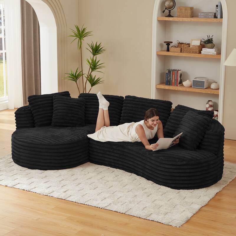 L-Shape Modular Sectional Sofa with Curved Chaise Lounge, Oversized Corduroy Upholstered Sofa, Full Compressed Deep Seat Sofa