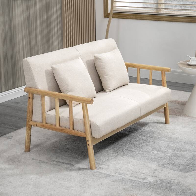 Beige Two Seater Sofa with Linen Feel Polyester Fabric Rubberwood Frame Cushions and Pillows - 48.5" W x 27.25" D x 29.25" H