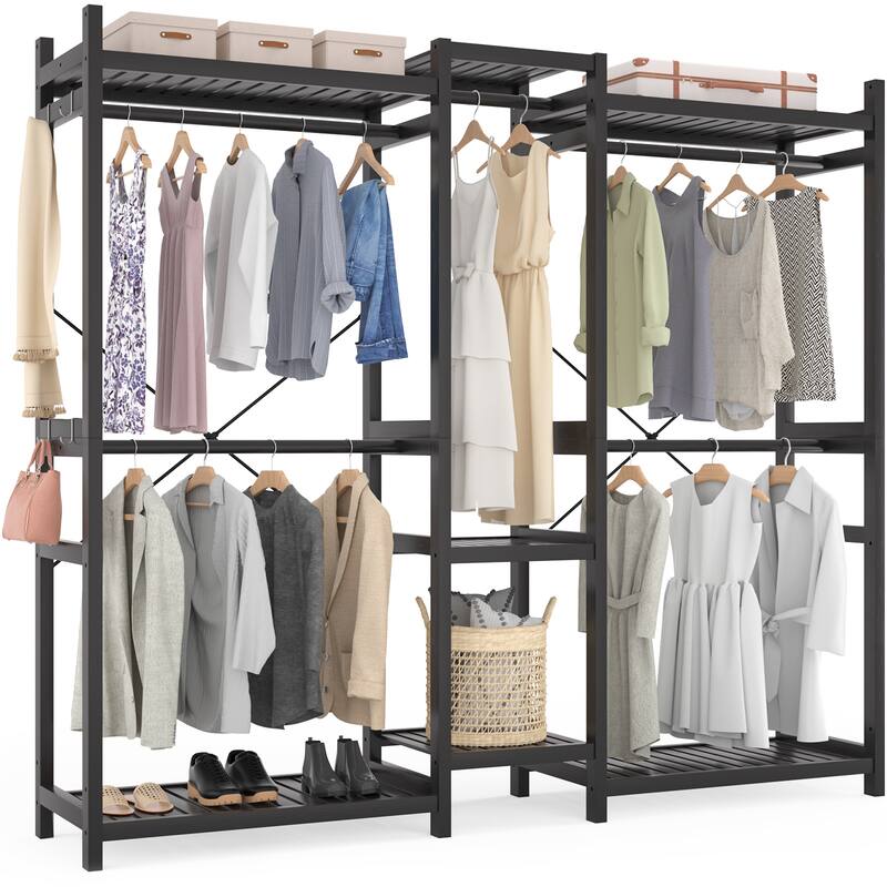 Bamboo Closet System Clothes Rack, Large Freestanding Garment Rack Clothing Rack for Hanging Clothes