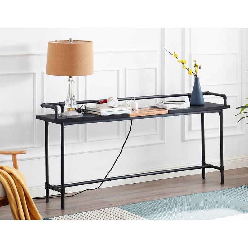 Mid Century Console Table with Power Outlet, Narrow Sofa Table, Sofa Couch Table with Charging Station USB Port