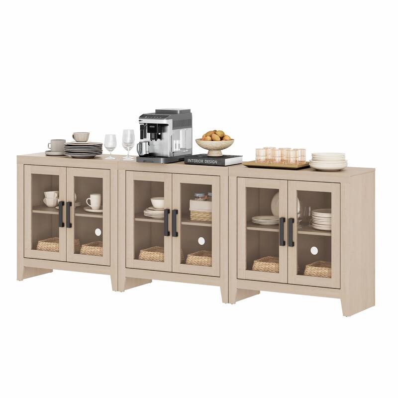 WAMPAT Modern Farmhouse Modular Buffet Cabinet, Glass Door Sideboard with Adjustable Shelves