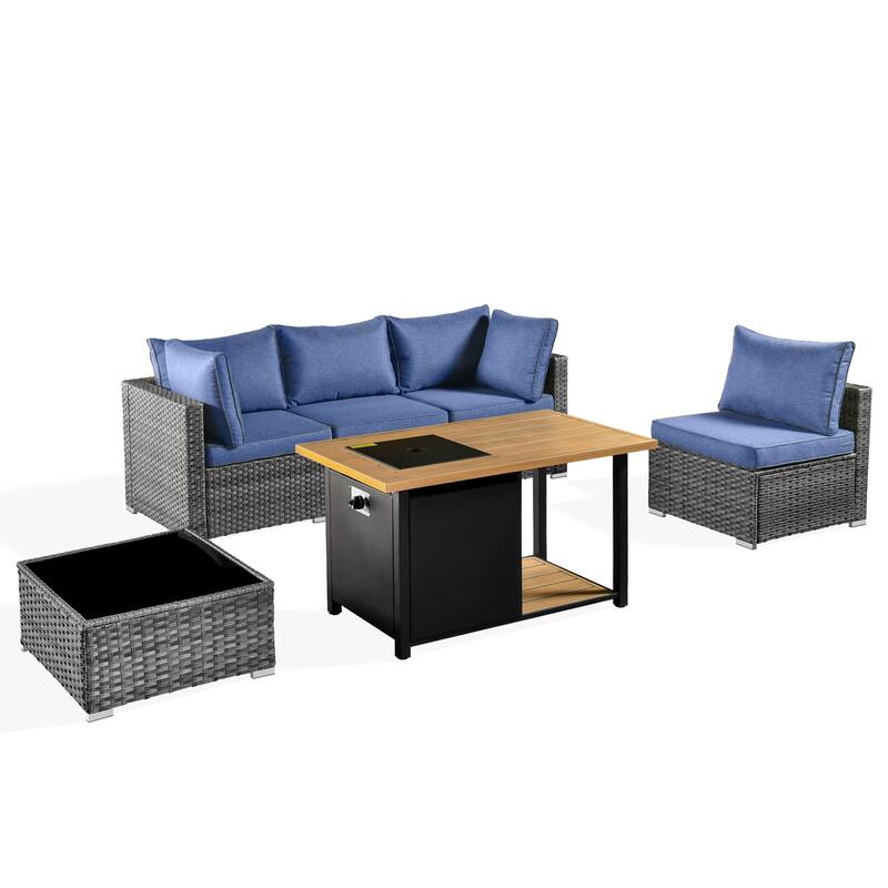 HOOOWOOO 4 Seater Grey Rattan Outdoor Furniture Fire Pit Set