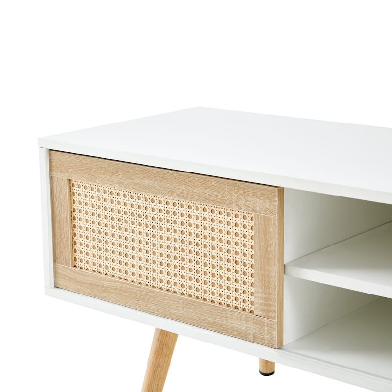 Rattan TV Cabinet with Double Sliding Doors & Adjustable Shelf, Media Console Entertainment Center TV Console, Solid Wood Legs