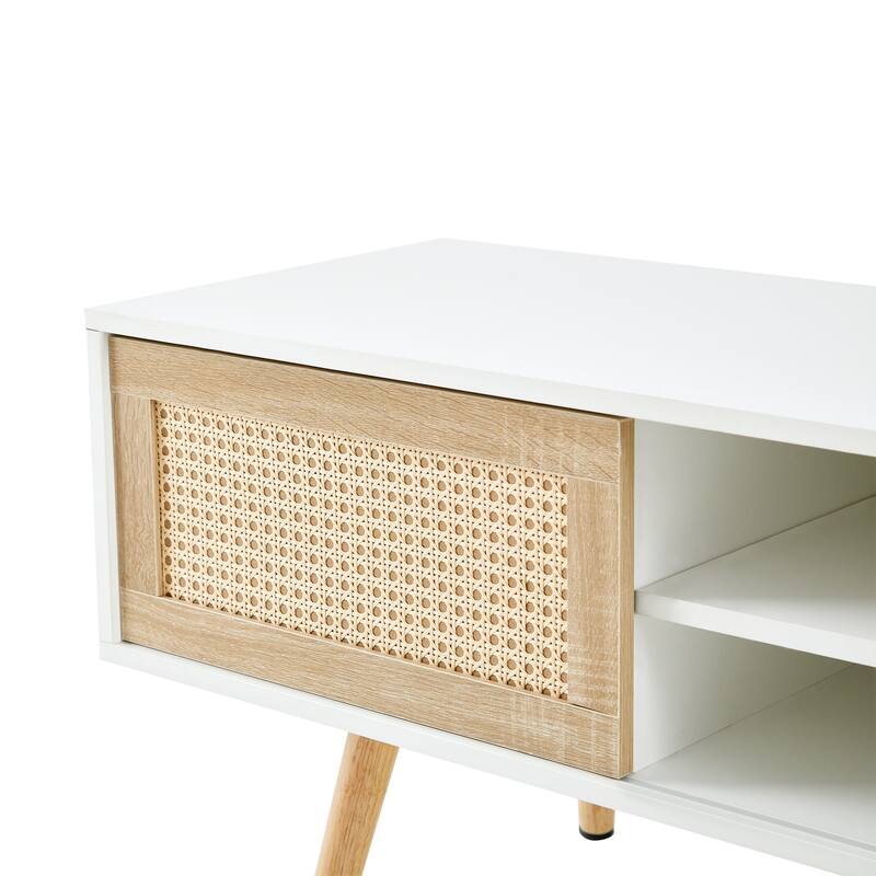 White 55.12" TV Stand with Double Sliding Doors, Solid Wood Legs and Adjustable Shelf for Living Room