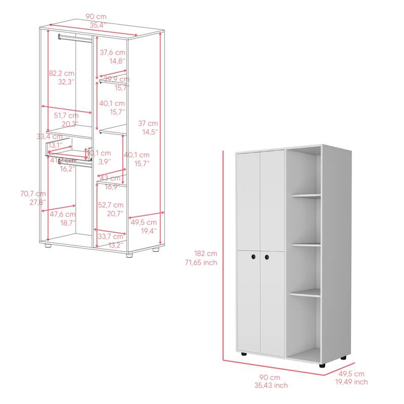 19.48" Modern Double-door Armoire with 2 Durable Metal Rods and Three Shelves