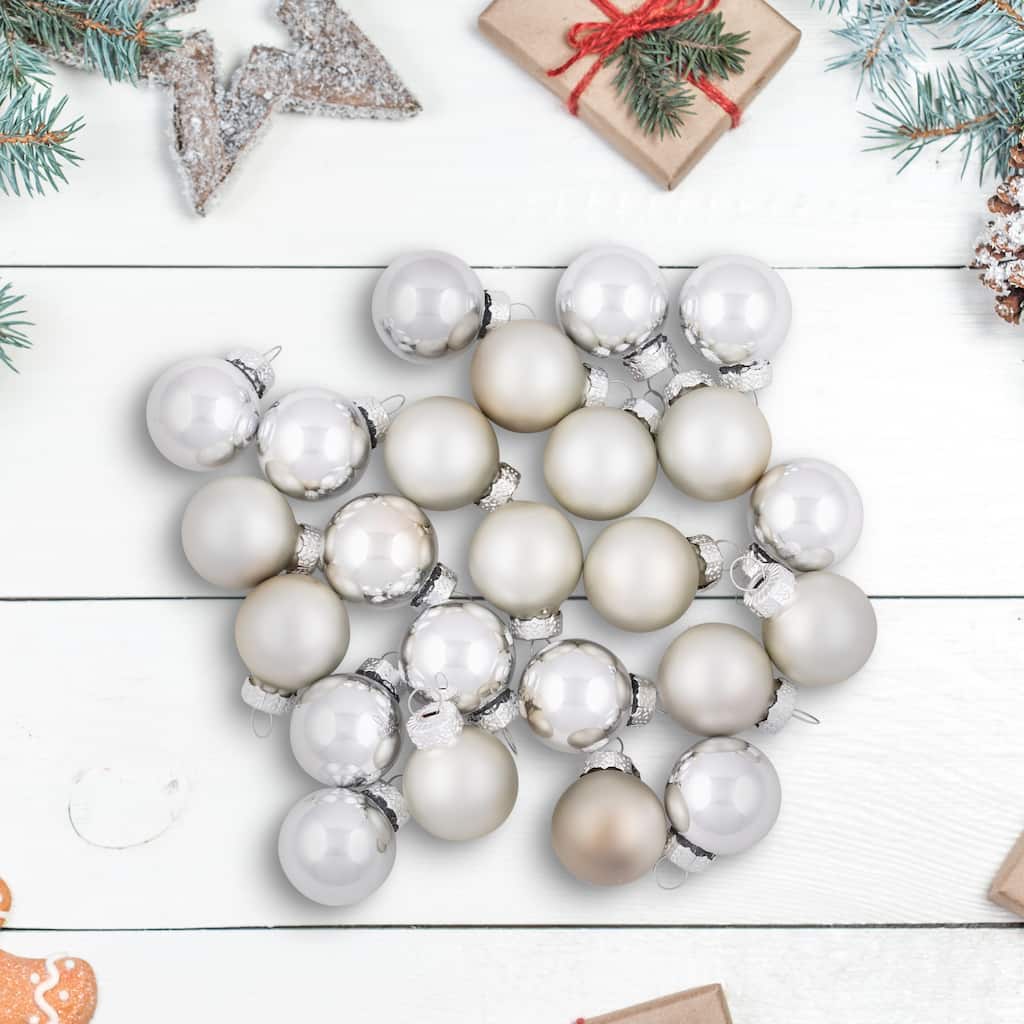2-Finish Mini Christmas Glass Ball Ornaments - 1" (25mm) - Silver - 24ct