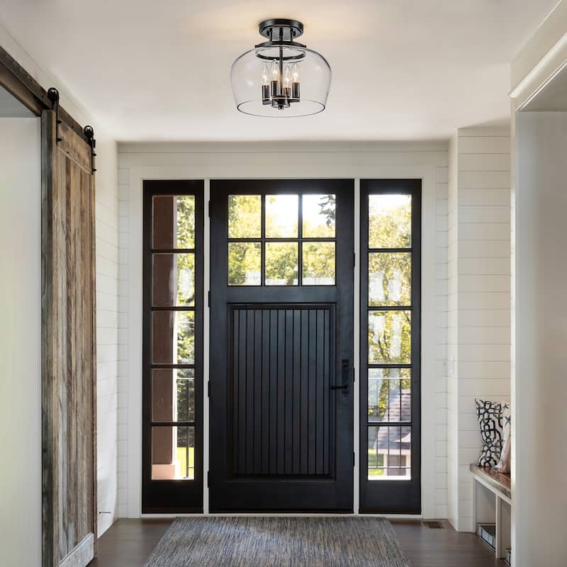 4-Light Farmhouse Black Lantern Glass Semi Flush Mount