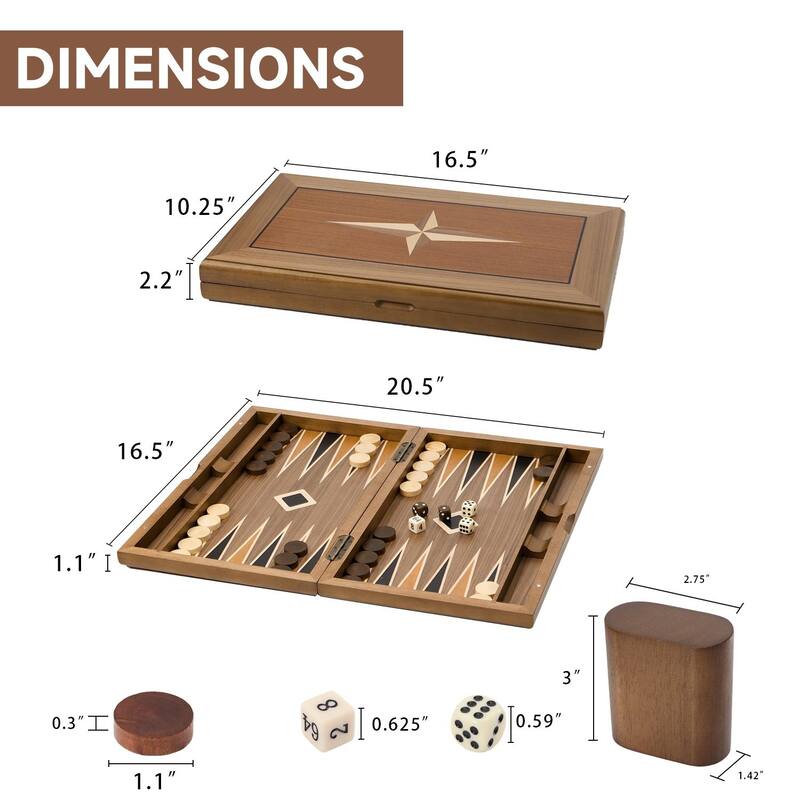 GSE™ 17" Premium Wooden Inlay Backgammon Board Game Set, Portable Folding Backgammon Board Game with Game Pieces - 17-Inch