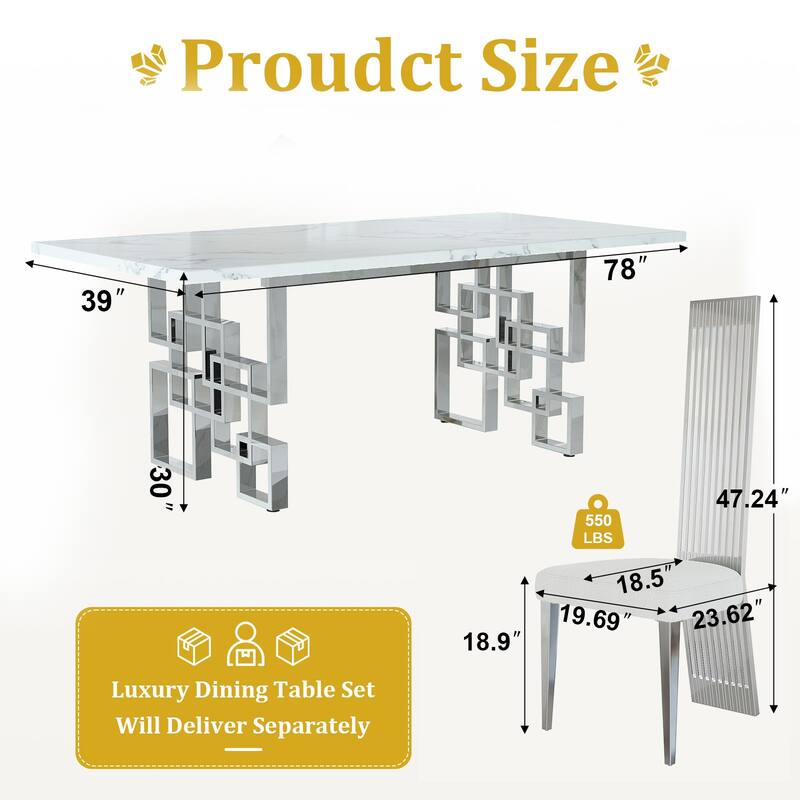 Faux Mable Dining Table Set with White Boucle and High Back Chairs