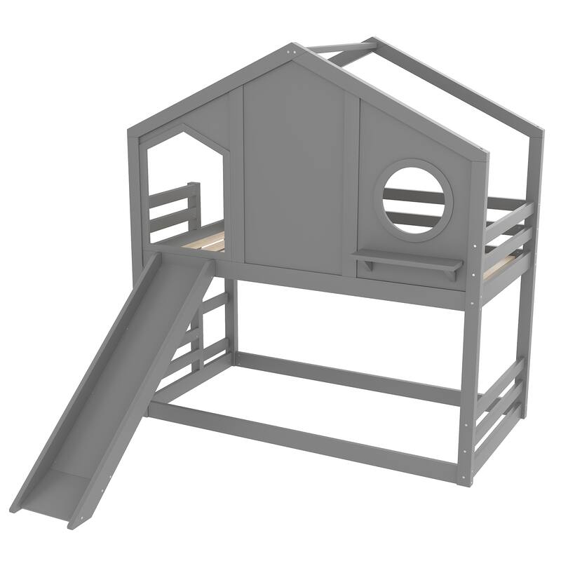 Playful House Bed Kids Twin Over Twin Bunk Bed with Shelf and Slide