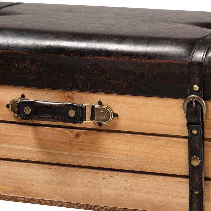 Amena Dark Brown PU Leather and Oak Wood Large Storage Ottoman