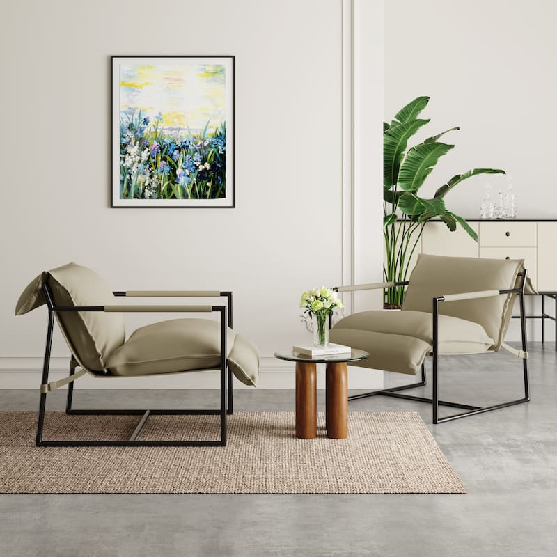Fabric Accent Chair Metal Framed Sling Armchair Set of 2 - Beige