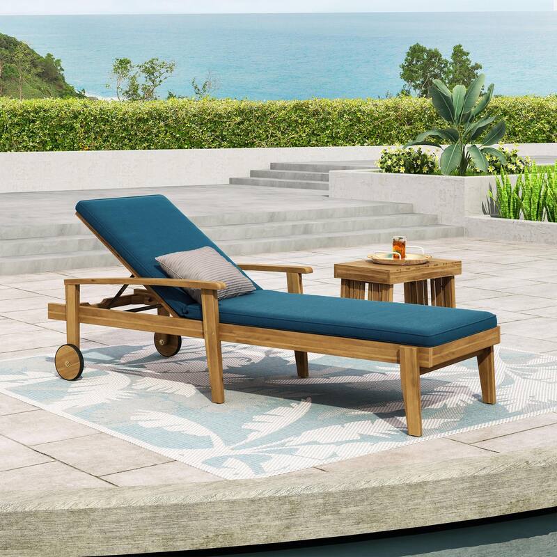 Outdoor solid wood frame chaise lounge with rollers and cushions