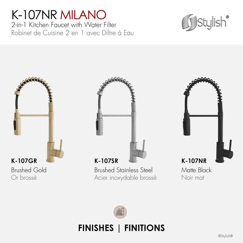 Milano Pull-Down Kitchen Faucet with water filter. Stainless Steel Gold.