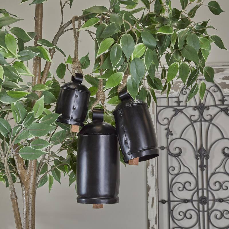 Metal Tibetan Inspired Decorative Cow Bells with Jute Hanging Rope - Set of 3 - Roche River Decor