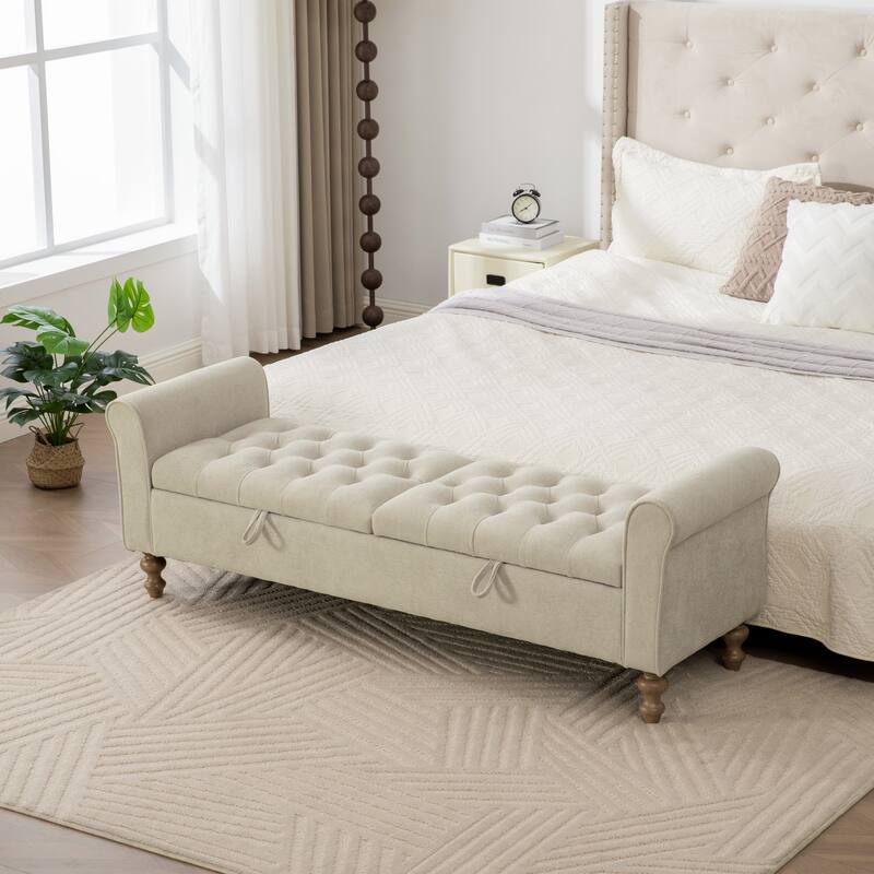 65.7"W Tufted Upholstered Storage Bench With Double Lids,Rubberwood Legs